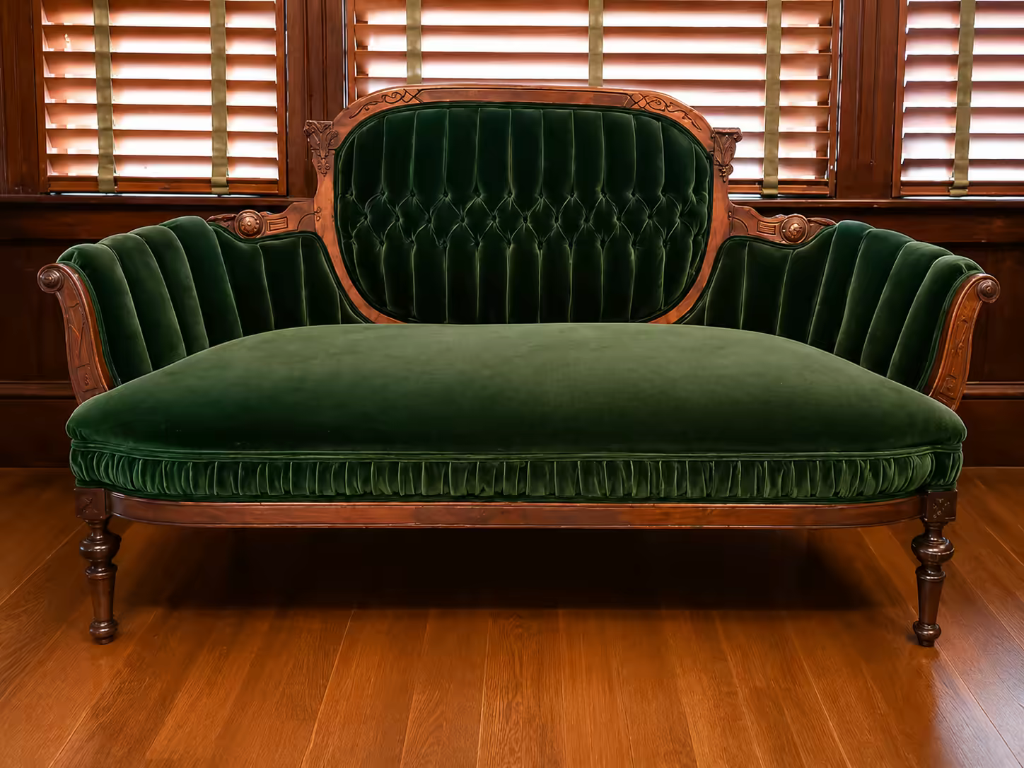 A Victorian settee reupholstered in green velvet at Master’s Touch Upholstery, Santa Rosa, CA