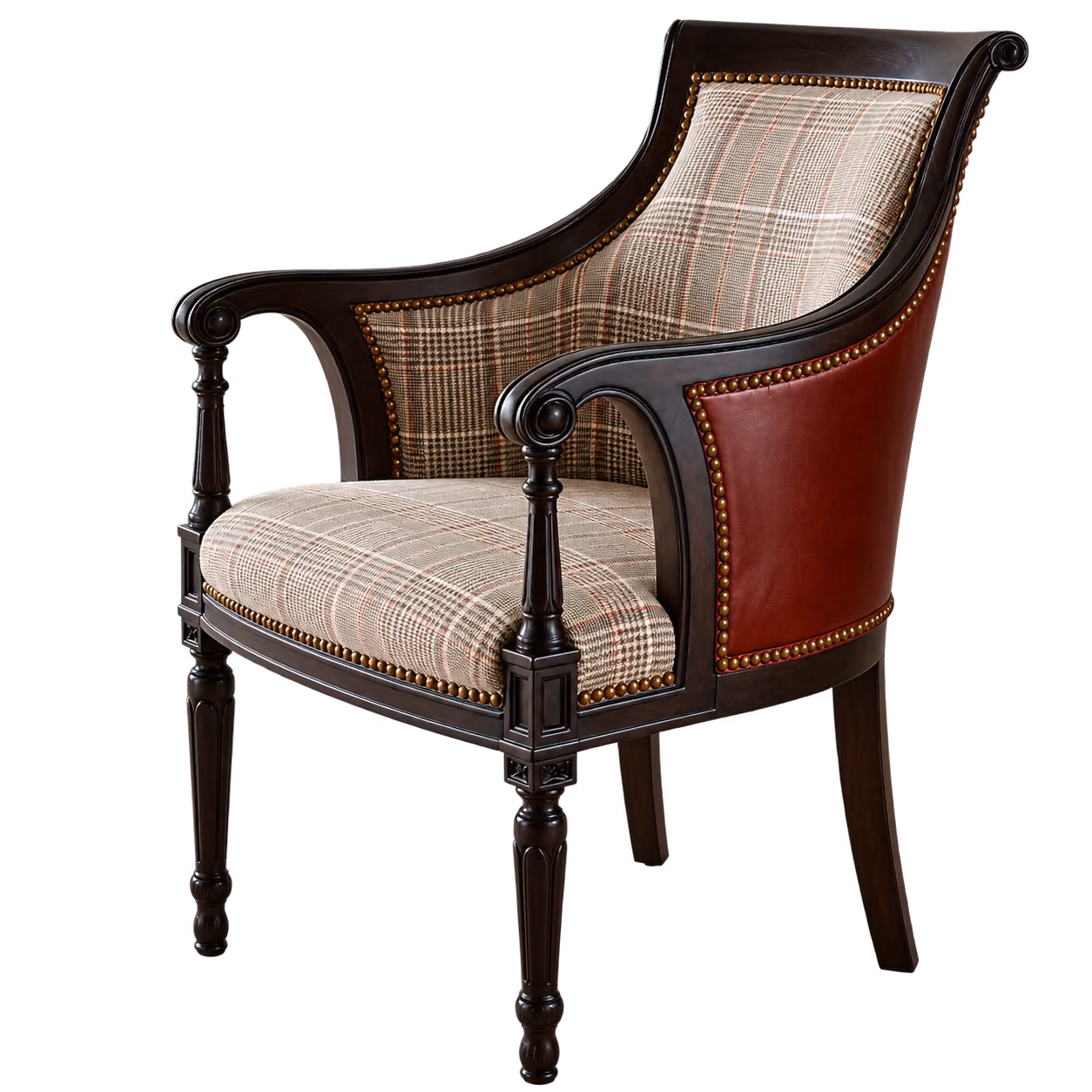 An armchair upholstered in a tweed plaid weave with nailhead trim at Master’s Touch Upholstery, Santa Rosa, CA